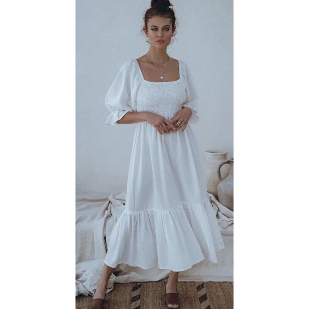 Bali Lane Handmade In Indonesia 100% Linen White Maxi Dress Size Small‎